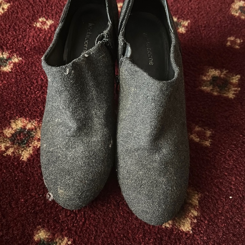 Liz, Claiborne, gray and black heel bootie with a small zip on the side